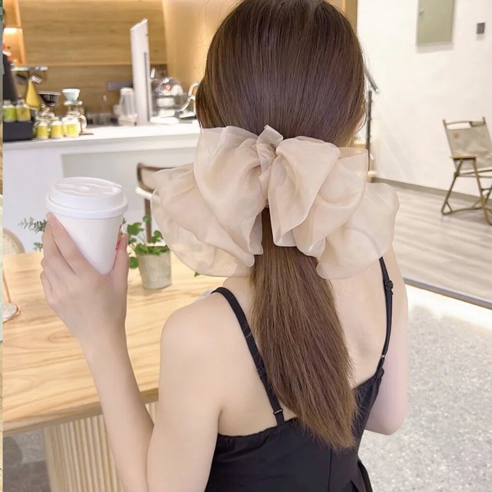 NEW Retro Coquette Girl Khaki Tan Chiffon Large Floppy Hair Bow Handmade School